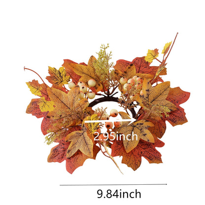 TETOU 2Pcs Artificial Maple Leaves Candle Rings Berry Wreaths for Pillar Candle Holder, Thanksgiving Candle Rings Wreath for Autumn Thanksgiving Wedding Home Door Tabletop Decoration - Orange
