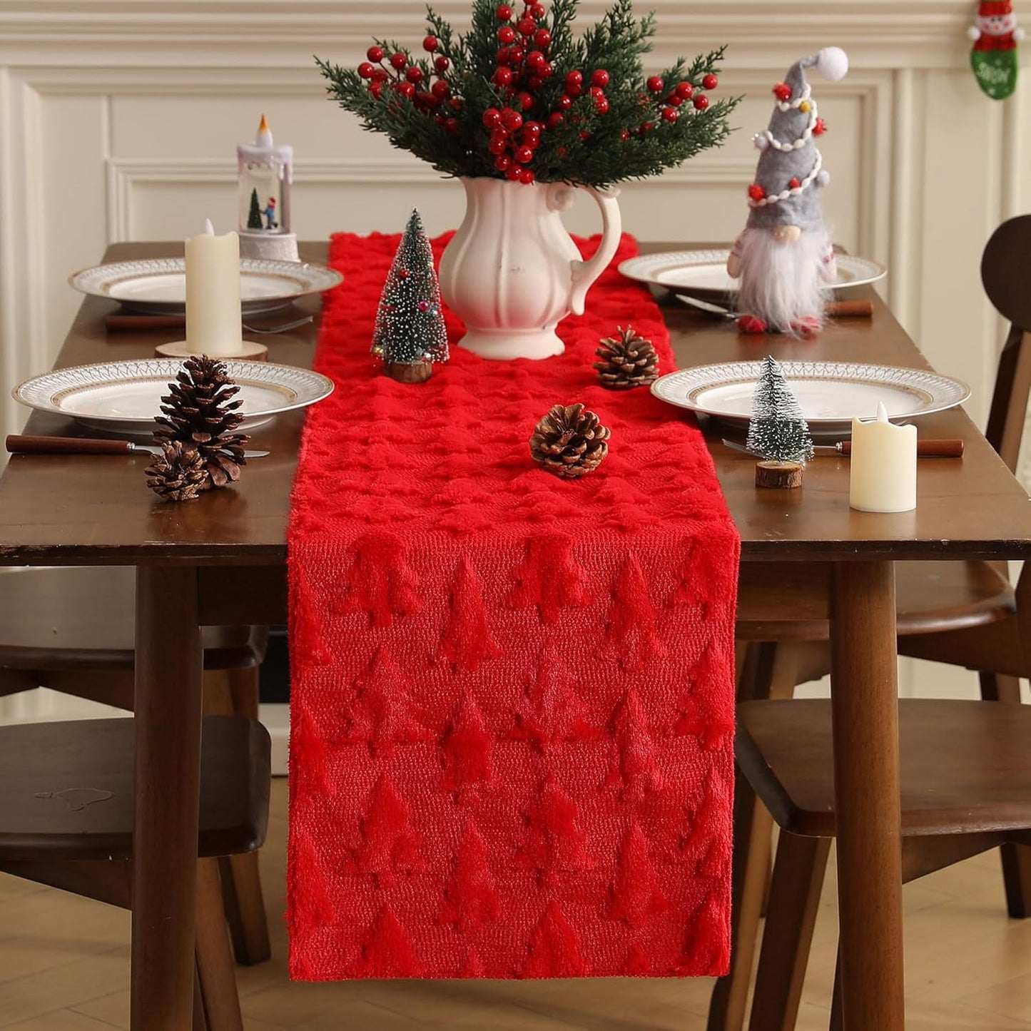TETOU Christmas Tree Jacquard Table Runner 13x72 Inch Soft Plush Faux Fur Table Decoration for Christmas Home Party - Red
