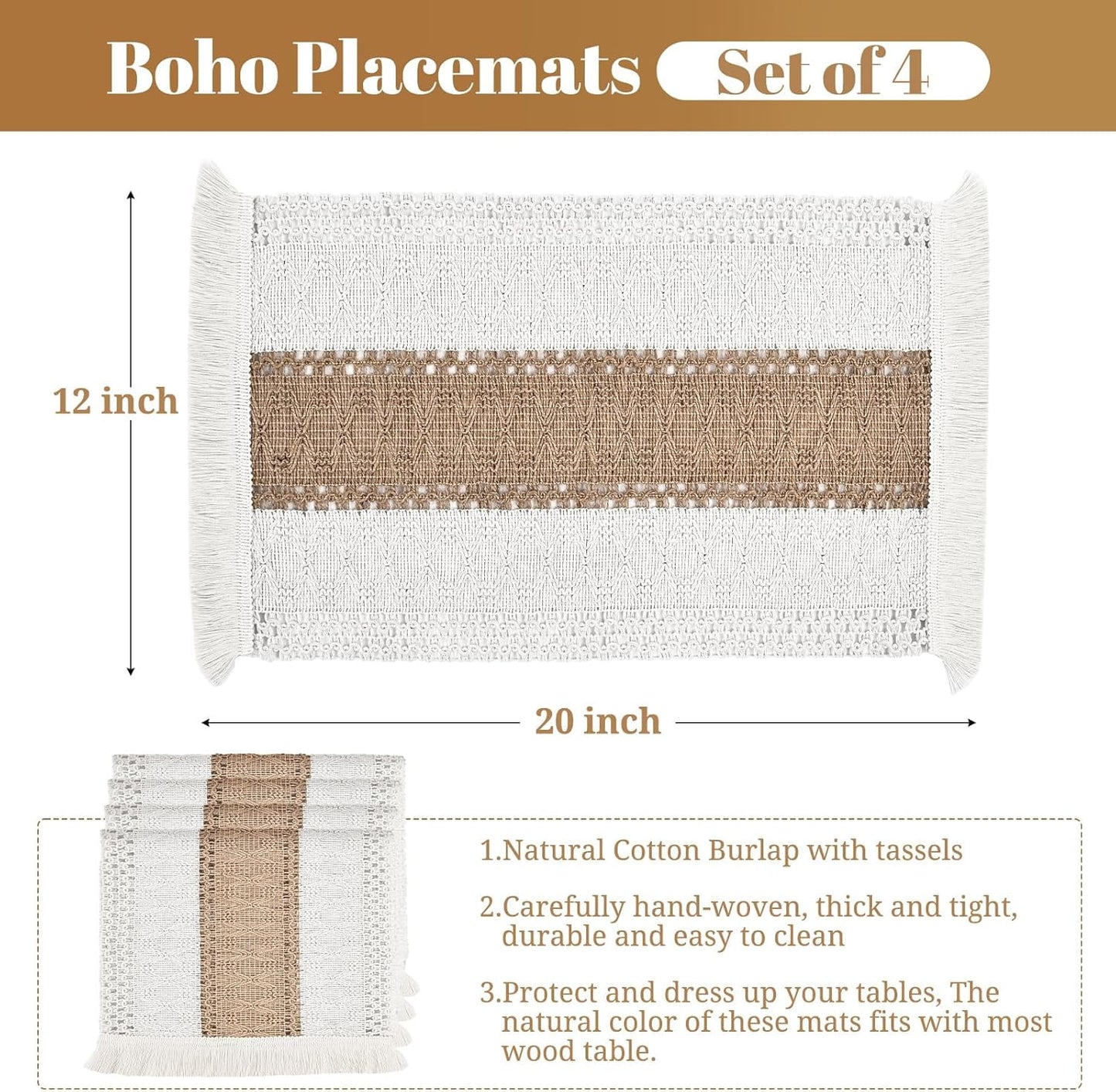 TETOU Boho Placemats Set of 4, 20*12 inch Natural Cotton burlap placemats, Macrame Woven Farmhouse Place Mats for Kitchen Dining Table Decor
