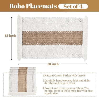 TETOU Boho Placemats Set of 4, 20*12 inch Natural Cotton burlap placemats, Macrame Woven Farmhouse Place Mats for Kitchen Dining Table Decor