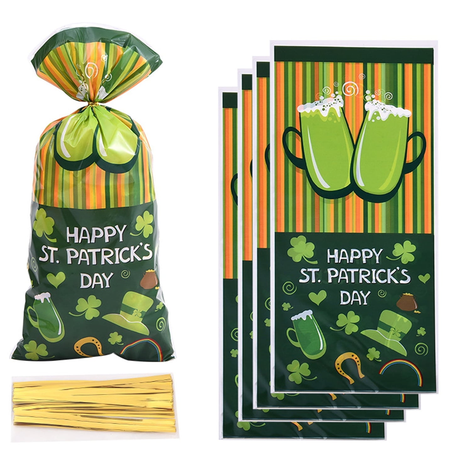 TETOU 50pcs St. Patrick Candy Treat Bags Cellophane Gift Snack Bag with Ties Party Favor Supplies