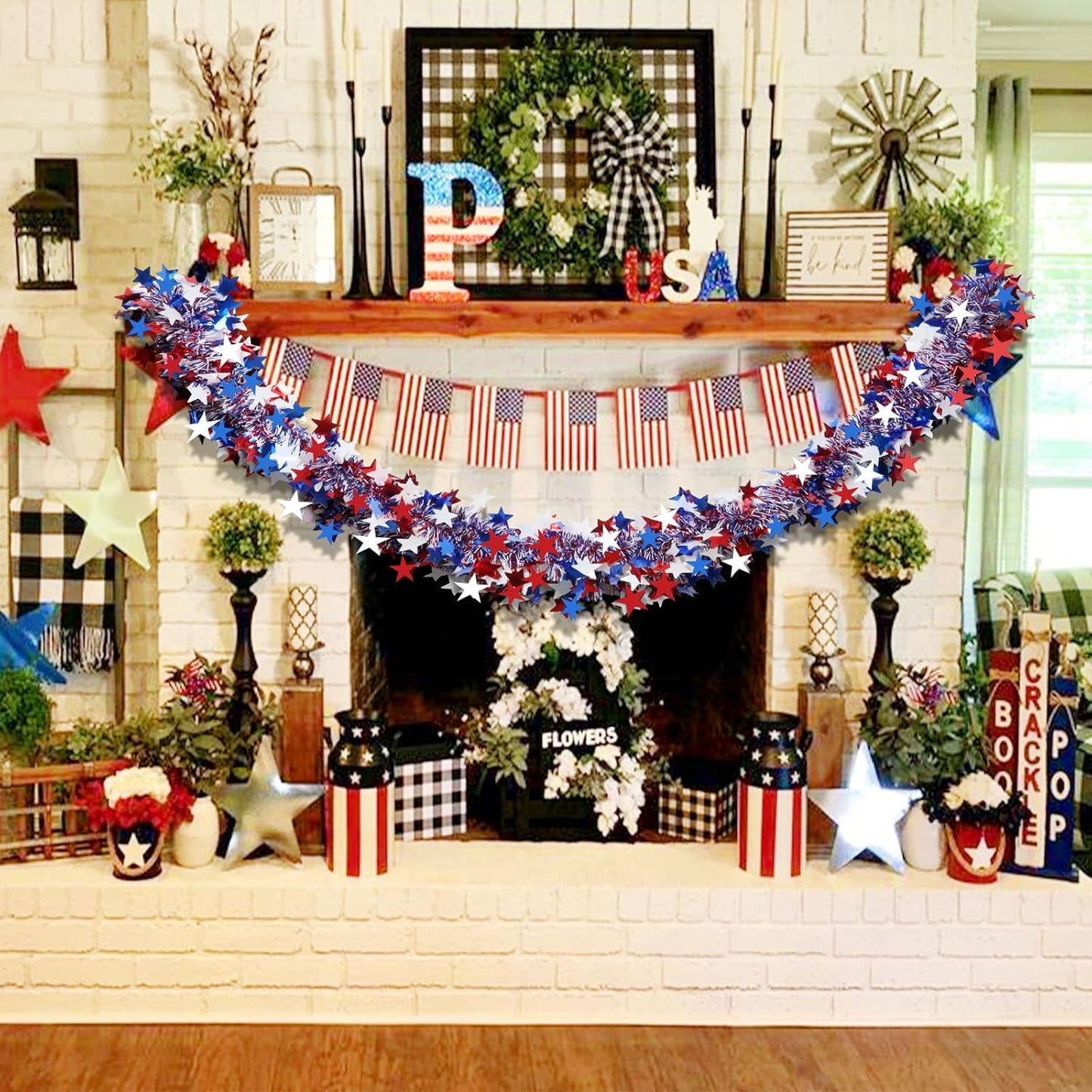 TETOU 4th of July Garland Decor,50Ft Blue Red White Patriotic Garland for Tree Home Fireplace Parade  Independence Day Party Indoor Outdoor Decoration