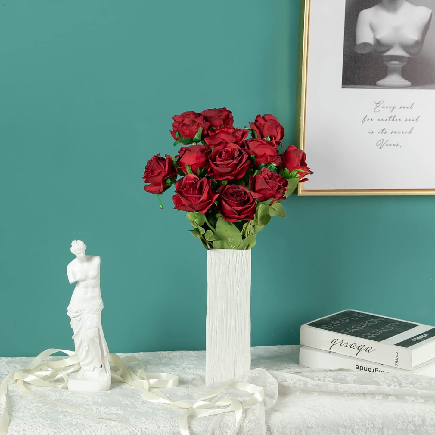 TETOU 12pcs Artificial Rose Flower Silk Fake Roses Real Touch for Party Wedding Centerpiece Bouquet Decor - Wine Red