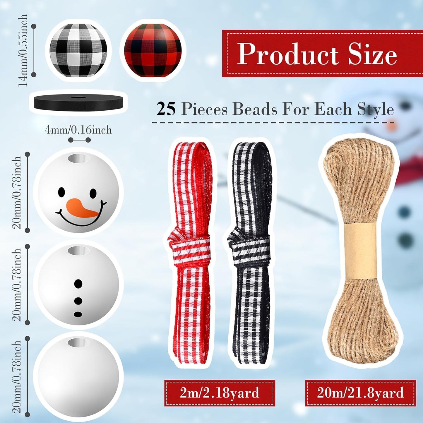 TETOU 150 Pcs DIY Christmas Snowman Wooden Bead Crafts,Red Black Plaid Round Wood Bead with Twine Scarf Xmas DIY Ornaments for Home Christmas Tree Holiday Decor