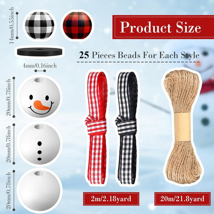 TETOU 150 Pcs DIY Christmas Snowman Wooden Bead Crafts,Red Black Plaid Round Wood Bead with Twine Scarf Xmas DIY Ornaments for Home Christmas Tree Holiday Decor