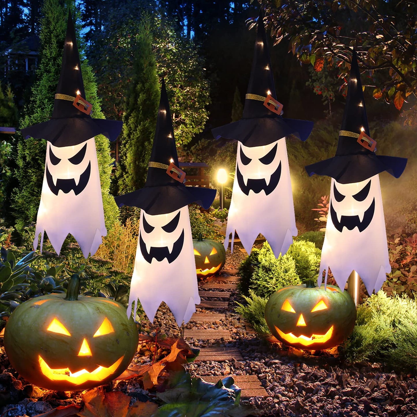 TETOU 3Pcs 31.5" Upgrade Halloween Decoration Hanging Gypsophila Ghost, Light up LED Witch Hat for Outdoor Tree Garden Home Decor - Warm Light
