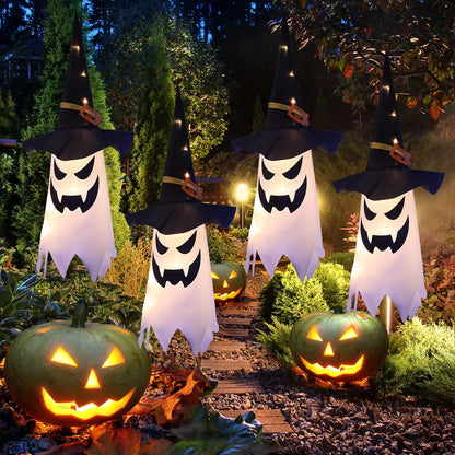 TETOU 3Pcs 31.5" Upgrade Halloween Decoration Hanging Gypsophila Ghost, Light up LED Witch Hat for Outdoor Tree Garden Home Decor - Warm Light