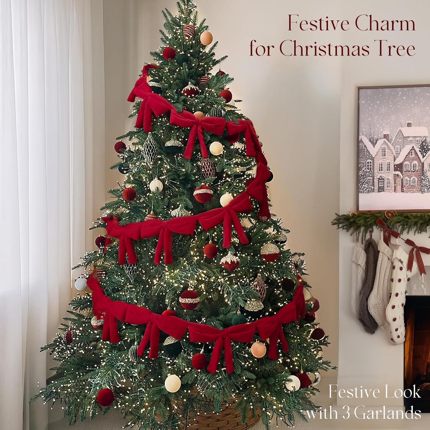 TETOU 6 Ft Christmas Bow Garland ,Red Velvet Bow Garland Banner for Christmas Tree Mantel Fireplace Shelf Cabinet Stand Door Window Frame Home Porch Indoor Holiday Valentines Decoration