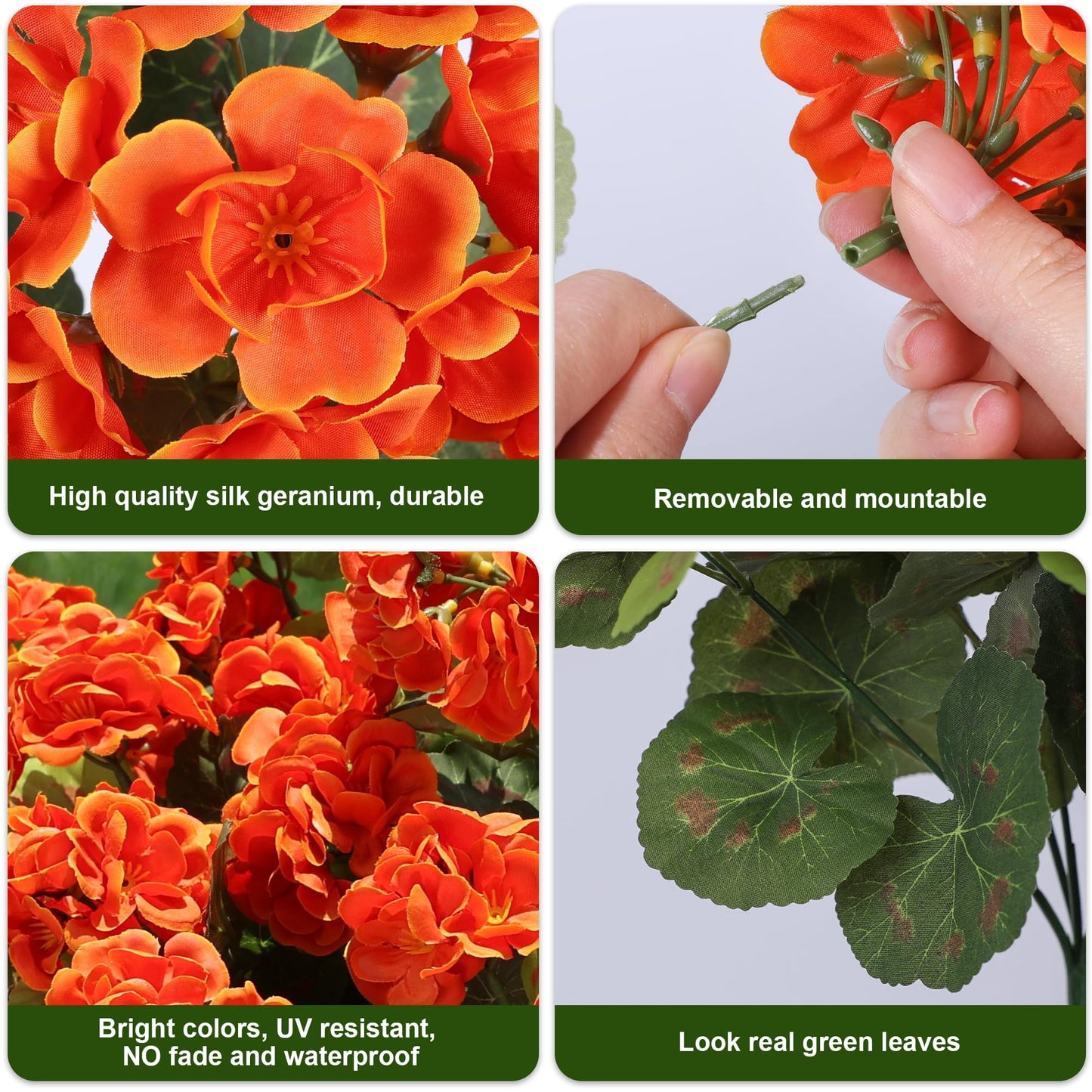 TETOU 6pcs Outdoors Artificial Fake Geranium Flowers, UV Resistant Faux Silk Geranium Flowers for Fall Halloween Outside Planter Garden Home Yard Kitchen Table Centerpieces Decoration(Orange)