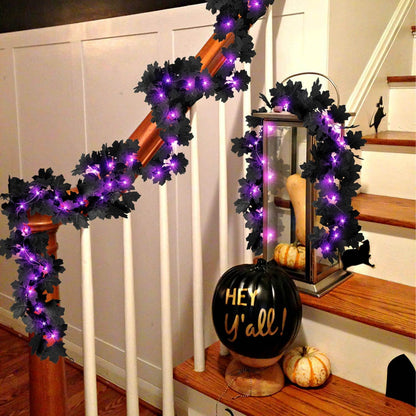 TETOU 2PCS Black Maple Leaf Garland with Purple Lights,5.7Ft Halloween Artificial Hanging Fall Leave Vines for Fall Halloween Party Home Mantle Wall Indoor Outdoor Decoration
