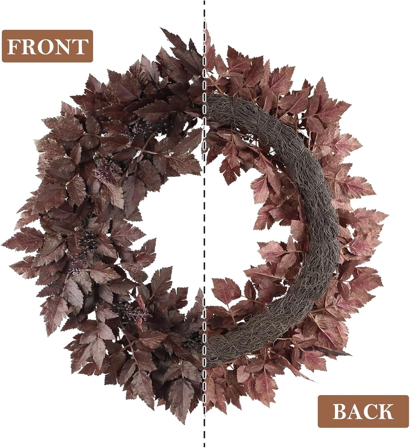TETOU 1pc 24" Artificial Cimicifuga Wreath,Fall Faux Plum Cimicifuga Ramosa Leaf Wreath for Autumn Harvest Halloween Home Door Wall Farmhouse Mantel Decor