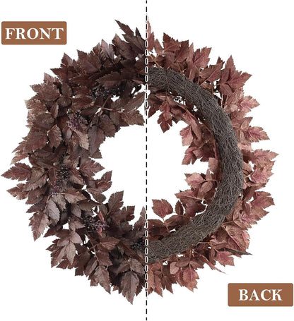 TETOU 1pc 24" Artificial Cimicifuga Wreath,Fall Faux Plum Cimicifuga Ramosa Leaf Wreath for Autumn Harvest Halloween Home Door Wall Farmhouse Mantel Decor