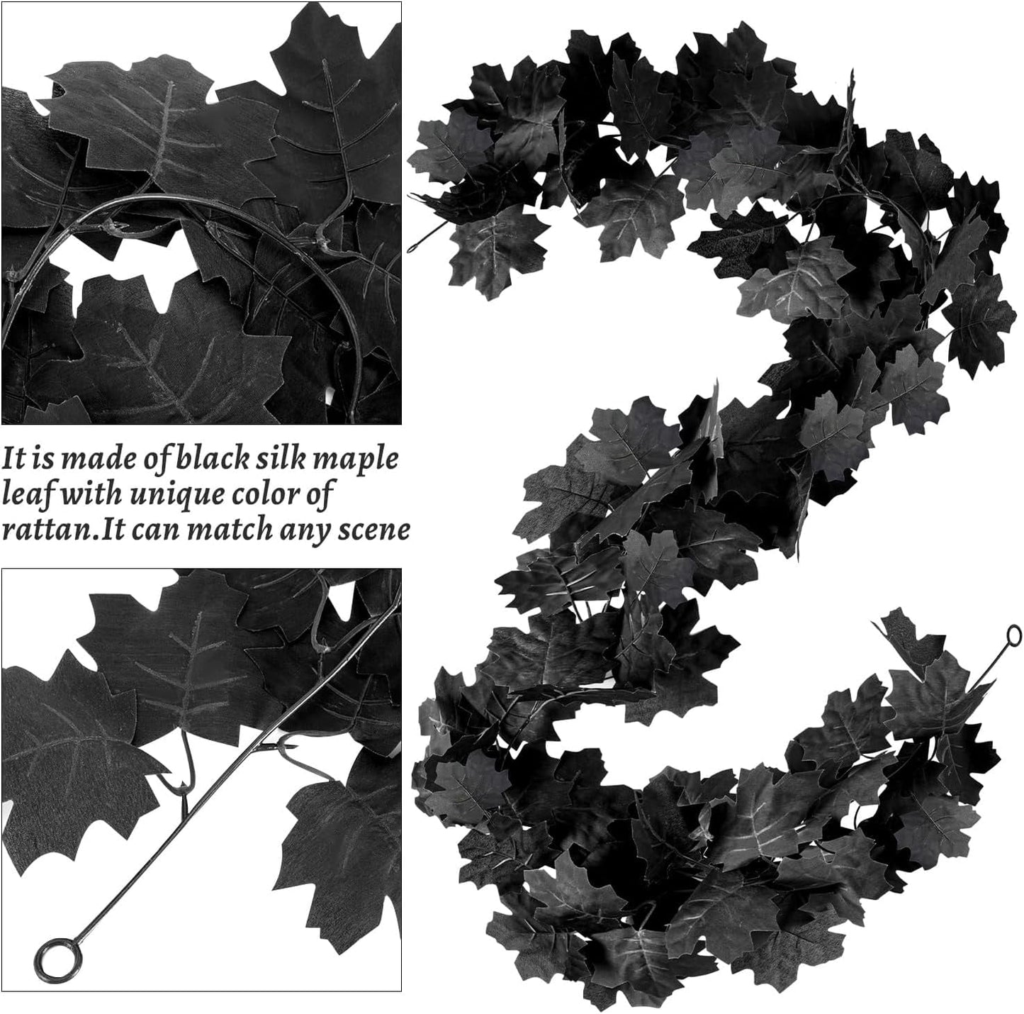 TETOU 2PCS Black Maple Leaf Garland,5.7Ft Halloween Artificial Hanging Fall Leave Vines for Fall Halloween Party Home Mantle Wall Indoor Outdoor Decoration