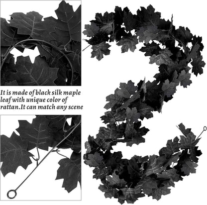 TETOU 2PCS Black Maple Leaf Garland,5.7Ft Halloween Artificial Hanging Fall Leave Vines for Fall Halloween Party Home Mantle Wall Indoor Outdoor Decoration