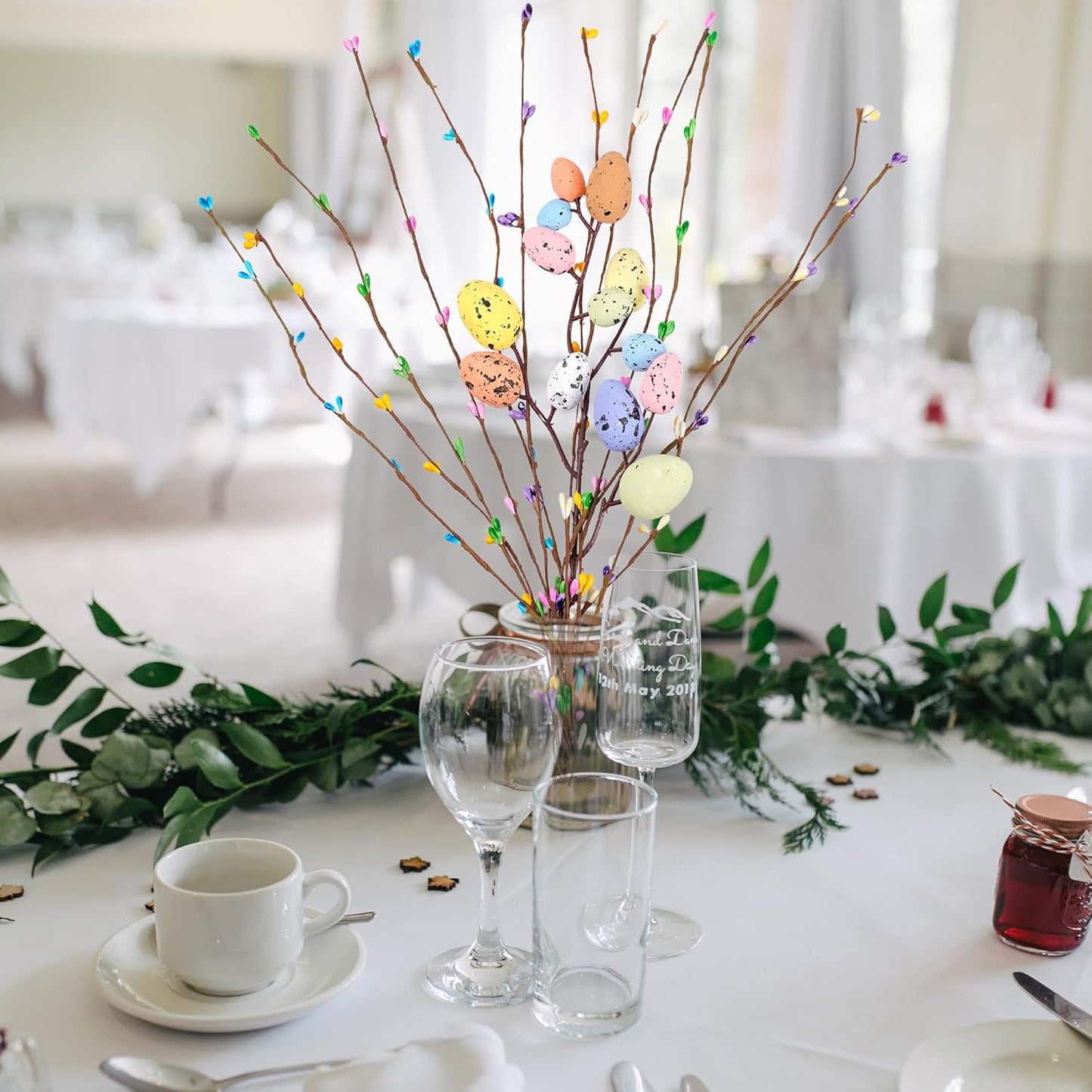 TETOU 26 Pcs Artificial Easter Spray Vine,Pastel Easter Eggs and Berries Twig Branches Decorative Spring Floral Stems for Spring Easter Party Home Floral Arrangement-Centerpiece Wreath Decoration