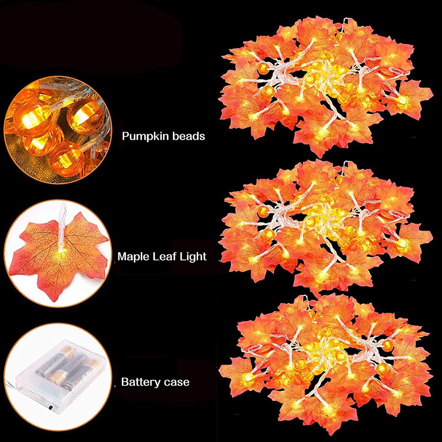 TETOU 19.6ft 40 Led Maple Leaf with Pumpkin Orange Lights Garland for Home Thanksgiving Decoration