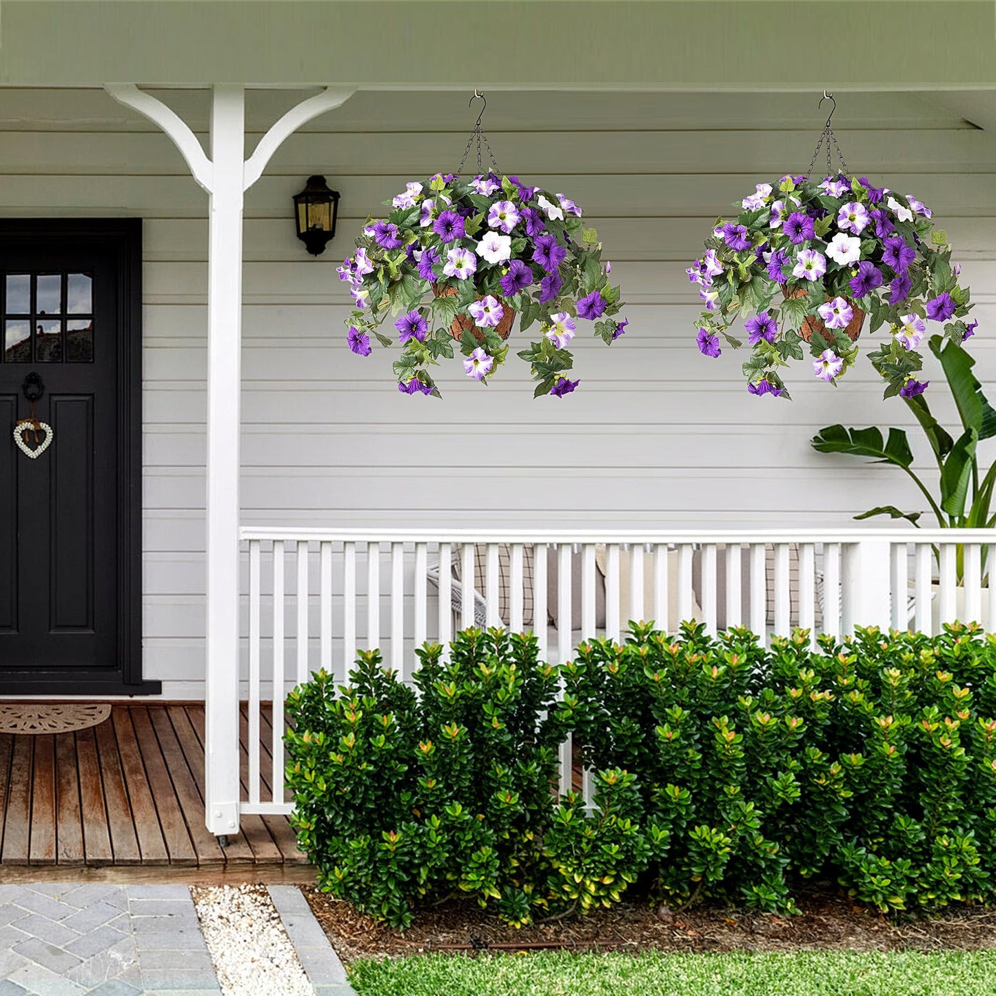 TETOU 2Pcs Artificial Fake Flowers , Faux Petunias Silk Flower UV Resistant No Fade for Spring Home Garden Balcony Yard Porch  Indoor Outdoor Decoration(Purple White)