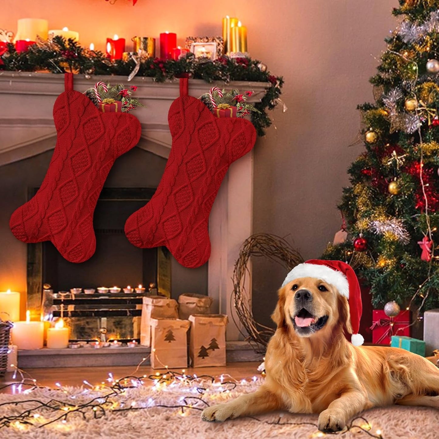 TETOU Dog Christmas Stocking, Bone Shape Knit Stocking, Xmas Dog Stocking, Hanging Christmas Decoration for Dogs Cats Pets Xmas Holiday Indoor Party-Red