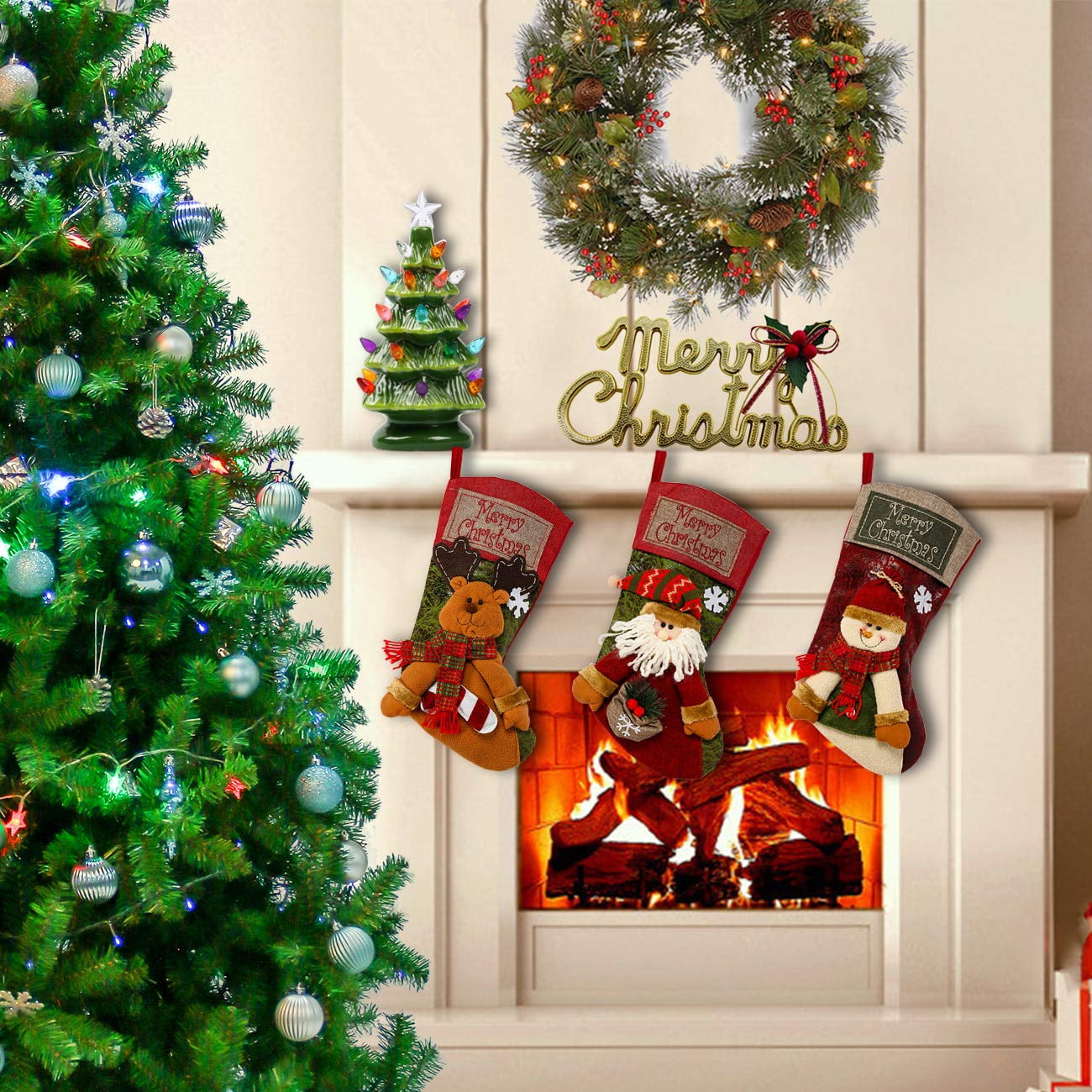 TETOU 3Pcs 18'' Christmas Stocking 3D Plush Santa, Snowman, Elk Xmas Character Classic Large Stockings for Family Kids Holiday Christmas Party Decorations