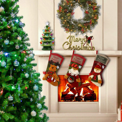 TETOU 3Pcs 18'' Christmas Stocking 3D Plush Santa, Snowman, Elk Xmas Character Classic Large Stockings for Family Kids Holiday Christmas Party Decorations