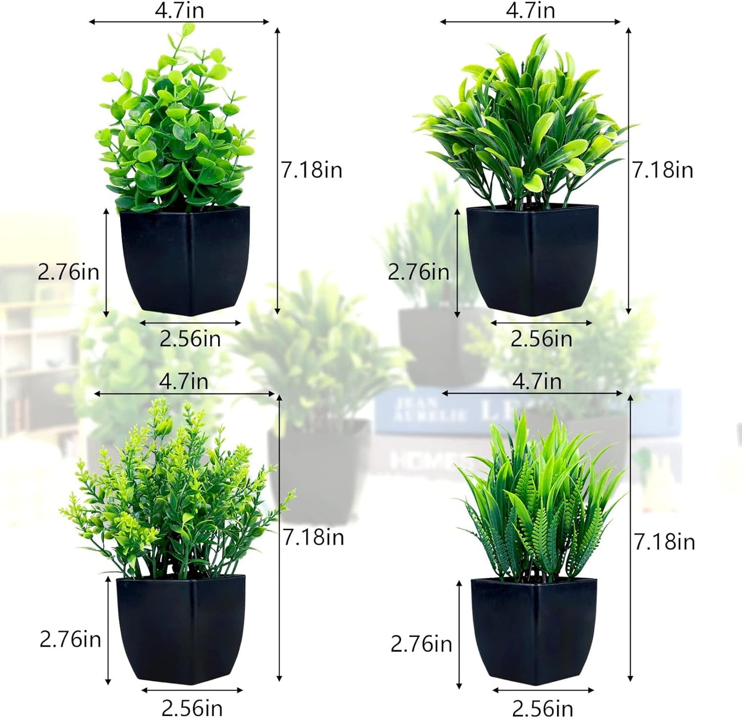 TETOU 4Pcs Fake Plants in Black Pot, Mini Artificial Eucalyptus Potted Plant Small Faux Grass Greenery Potted Plants for Indoor Home Office Farmhouse Bathroom Table Decoration