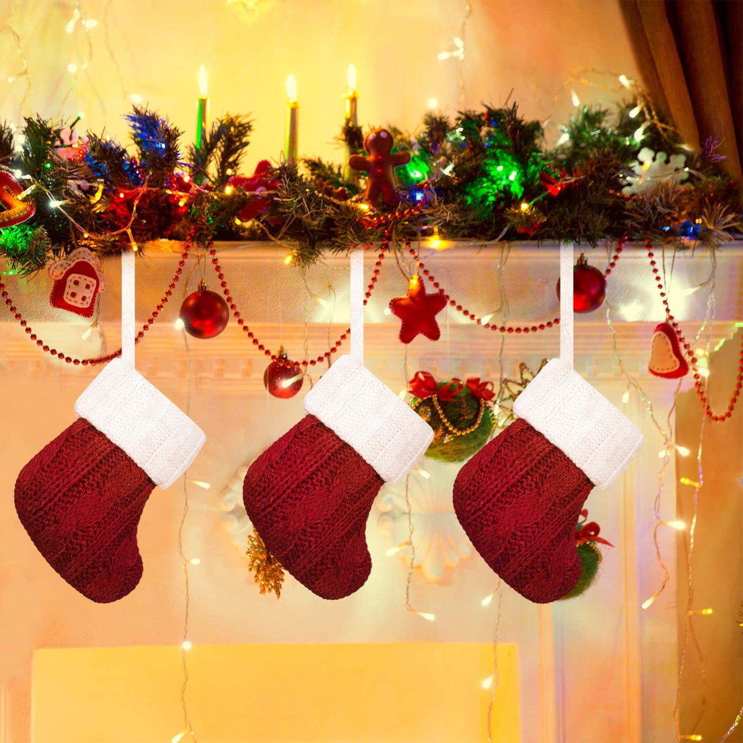TETOU 12pcs Christmas Mini Stockings Knitted Xmas Classic Small Stocking Fireplace Holiday Hanging Decor