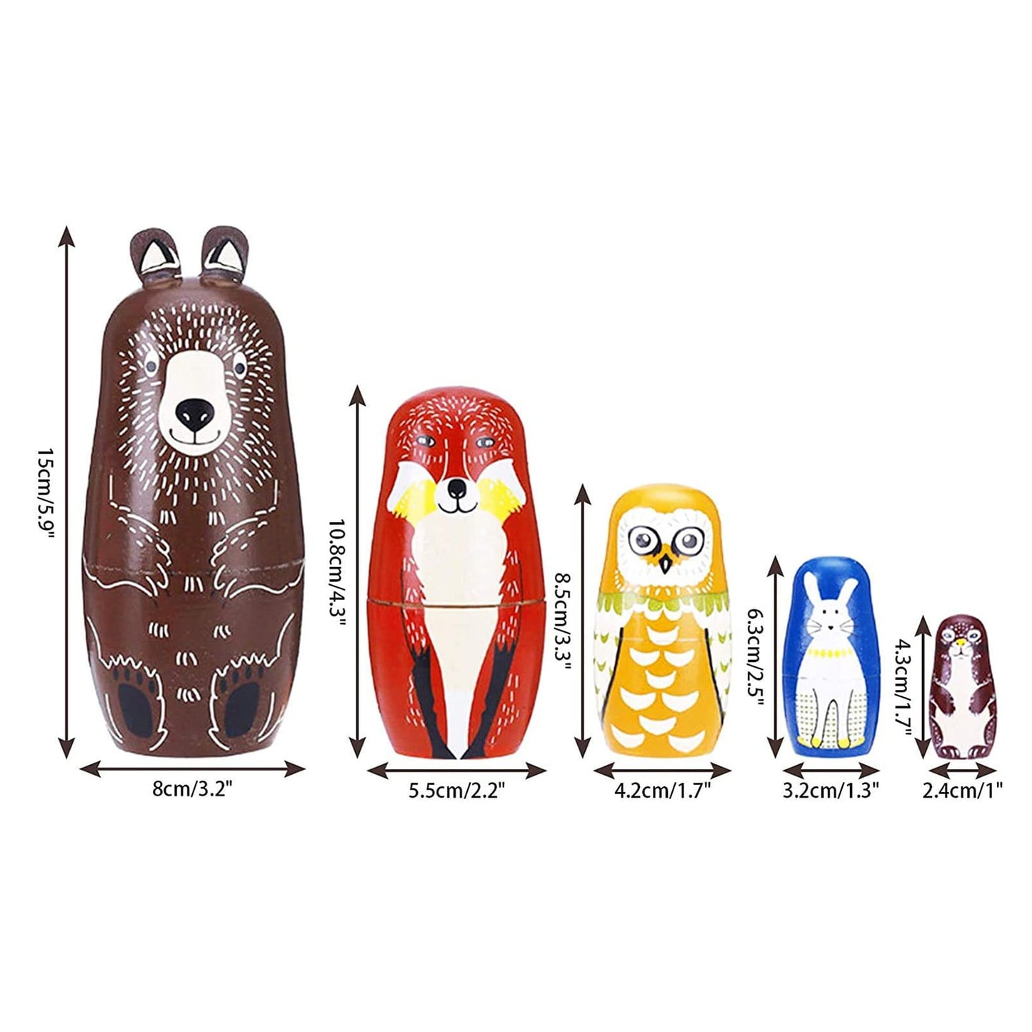 TETOU 5 Layer Wooden Animal Nesting Dolls Matryoshka Doll Toy for Children Gift (Brown bear)