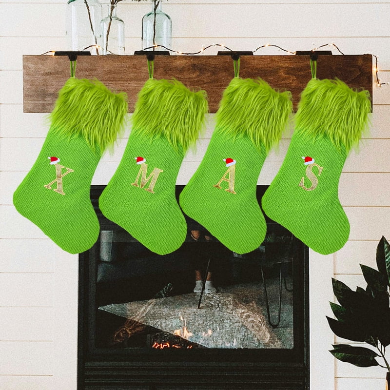 TETOU 18" Personalized Monogram Christmas Stockings, Green Elf Hanging Cozy Faux Fur Soft Christmas Stocking Treat Bag Candy Pouch Holder for Fireplace Gift Present Xmas Tree Decoration - M