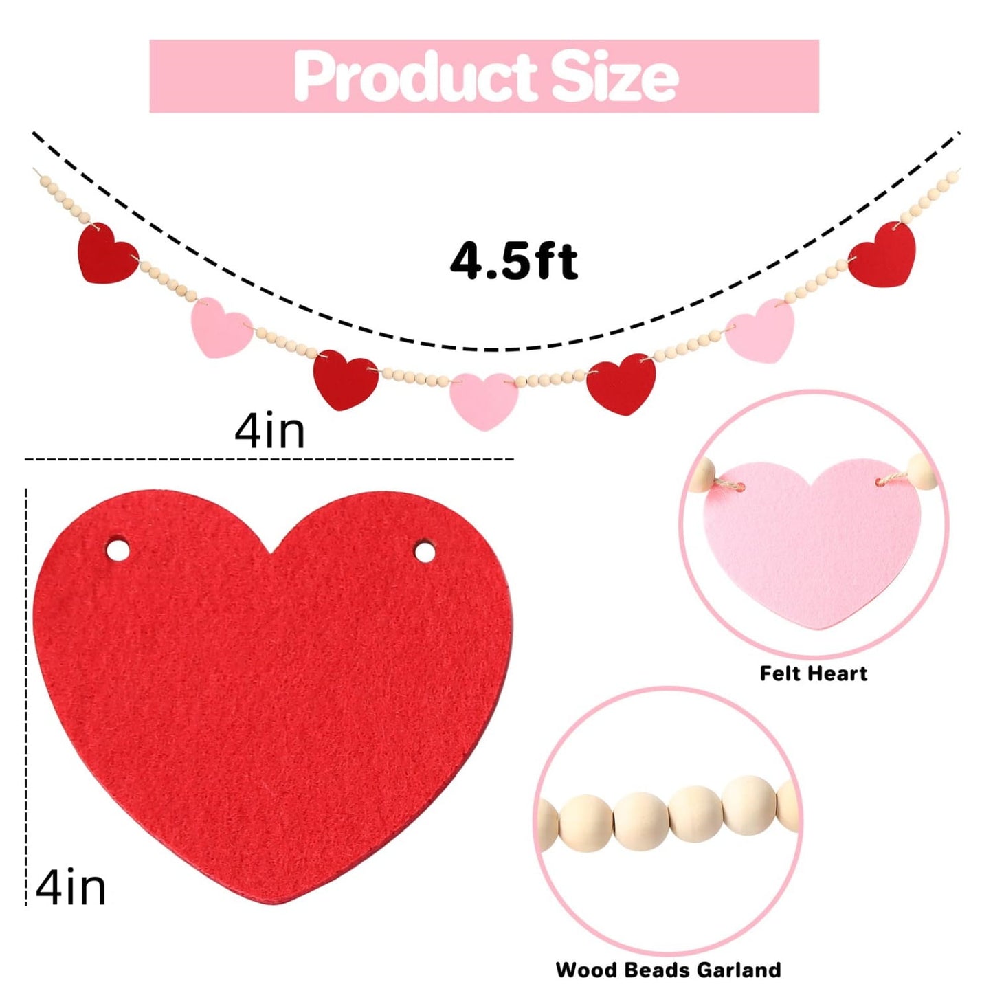TETOU Valentines Day Decorations Red Pink Felt Heart Wood Beads Valentines Garland 4.5ft Felt Banner Fireplace Mantel Home Decor