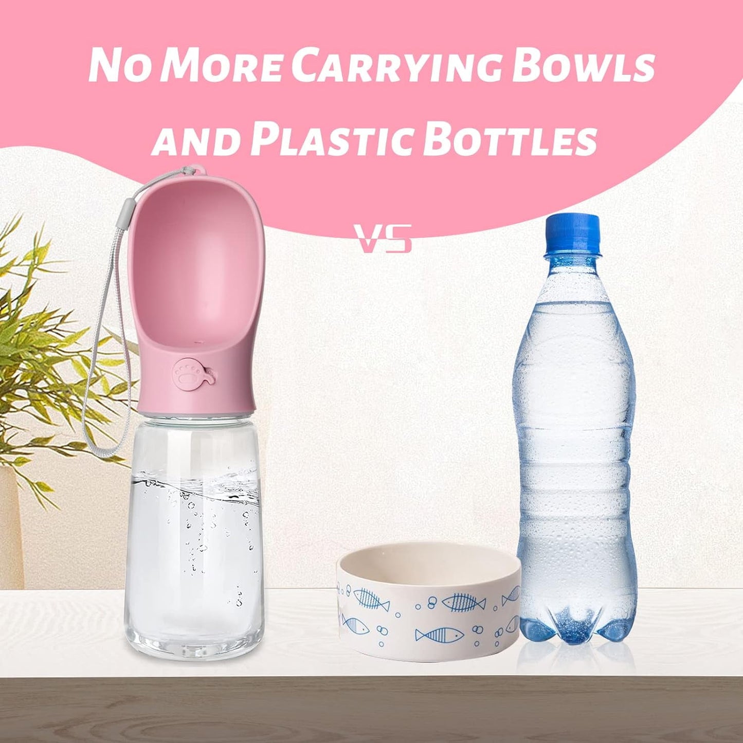 TETOU 10.2*2.7" Dog Water Bottle, 19oz Leak Proof Portable Puppy Water Dispenser with Drinking Feeder for Pets Outdoor Walking Hiking Travel Food Grade Plastic - Pink
