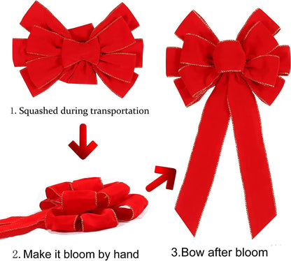 TETOU 2pcs Christmas Red Bows Outdoor Decorations, 11.4 x 19.6 Inch Large Christmas Tree Topper Bow,Velvet Wreath Bow with Glitter Gold Edge for Xmas Wreath Garland Home Fireplace Wedding Party Decor