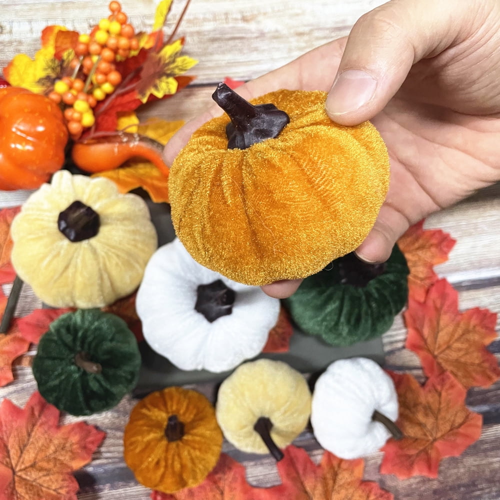 TETOU 8Pcs Faux Velvet Foam Pumpkin with 50pcs of maple leaves, Artificial Fake Velvet Foam Fabric Pumpkins Decoration or Fall Home Farmhouse Harvest Thanksgiving Decor