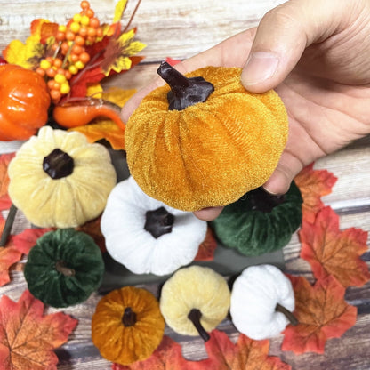 TETOU 8Pcs Faux Velvet Foam Pumpkin with 50pcs of maple leaves, Artificial Fake Velvet Foam Fabric Pumpkins Decoration or Fall Home Farmhouse Harvest Thanksgiving Decor