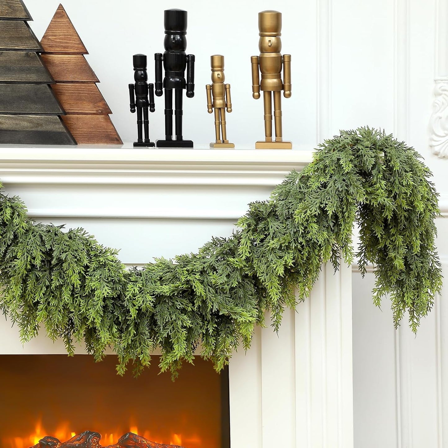 TETOU 6Ft 1Pc Christmas Cedar Garland Artificial Realistic Green Cedar Garland Real Touch Faux Cedar Pine Needles Garland for Home Fireplace Indoor Outdoor Holiday Mantle Xmas Decoration