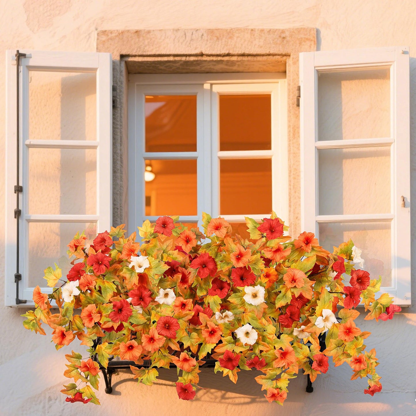 TETOU 2Pcs Artificial Fake Flowers , Faux Petunias Silk Flower UV Resistant No Fade for Fall Halloween Home Garden Balcony Yard Porch  Indoor Outdoor Decoration (Orange White)