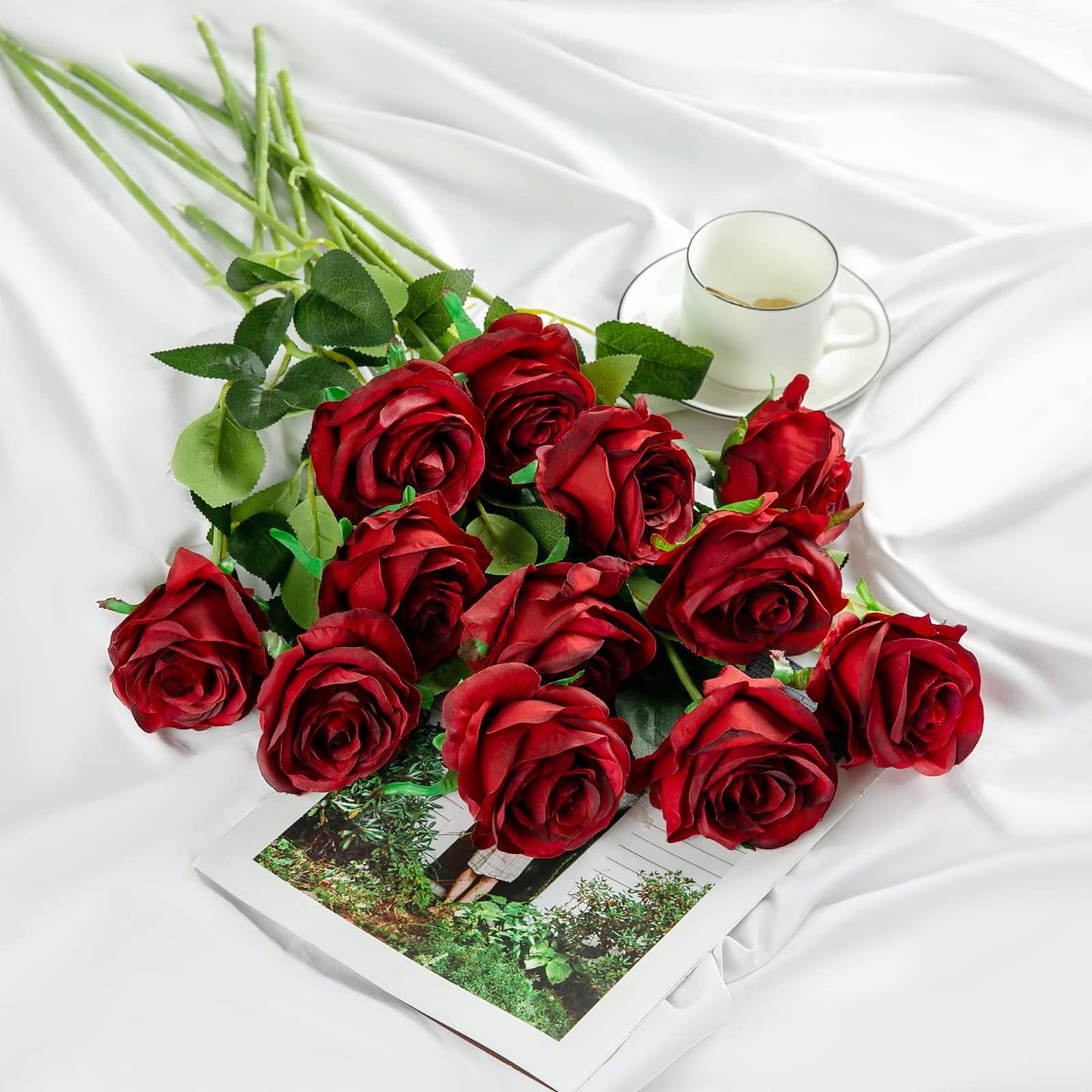 TETOU 12pcs Artificial Rose Flower Silk Fake Roses Real Touch for Party Wedding Centerpiece Bouquet Decor - Wine Red