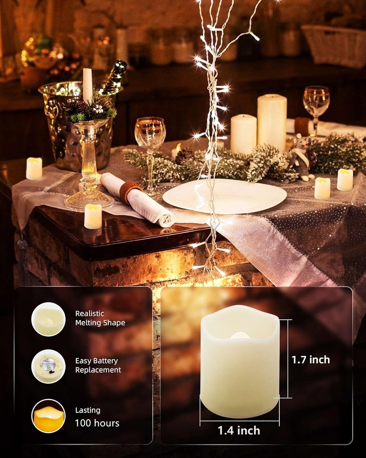 TETOU 24Pcs Flameless Votive Candles, 1.7*1.4" Flickering Electric Fake Candle, 100+Hour Battery Operated LED Tea Lights in Warm White for Wedding Table Festival Halloween Christmas Decor