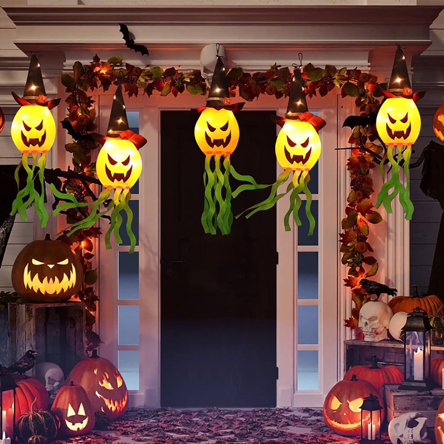 TETOU Halloween Decorations Outdoor Hanging Lights, Glowing Pumpkin Witch Hat Led Scary Light for Indoor Outside Party Tree Garden Porch Hallowe'en Decoration