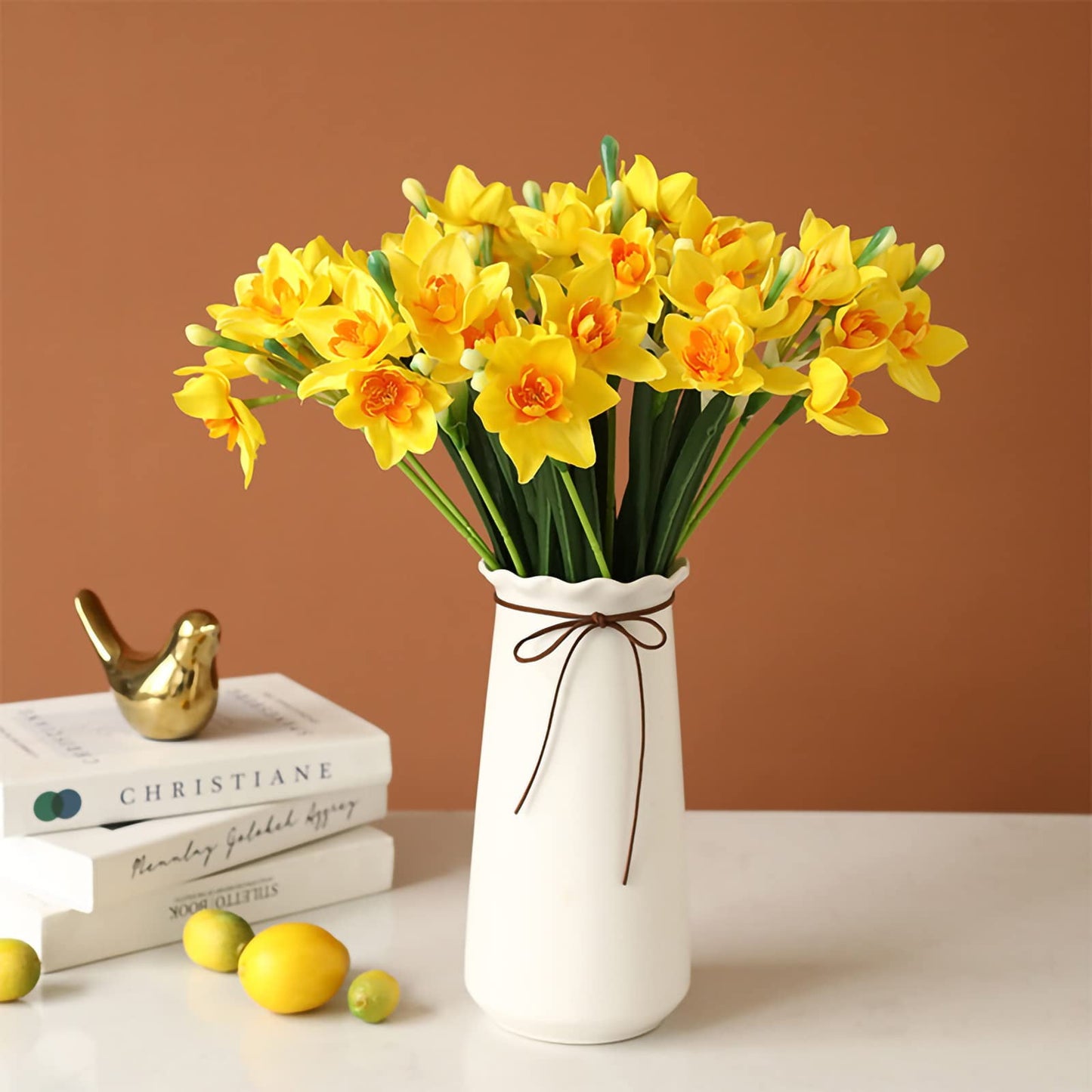 TETOU 10pcs Artificial Daffodils Flowers Real Branches for Vase Arrangement Store Home Wedding Decor - Yellow