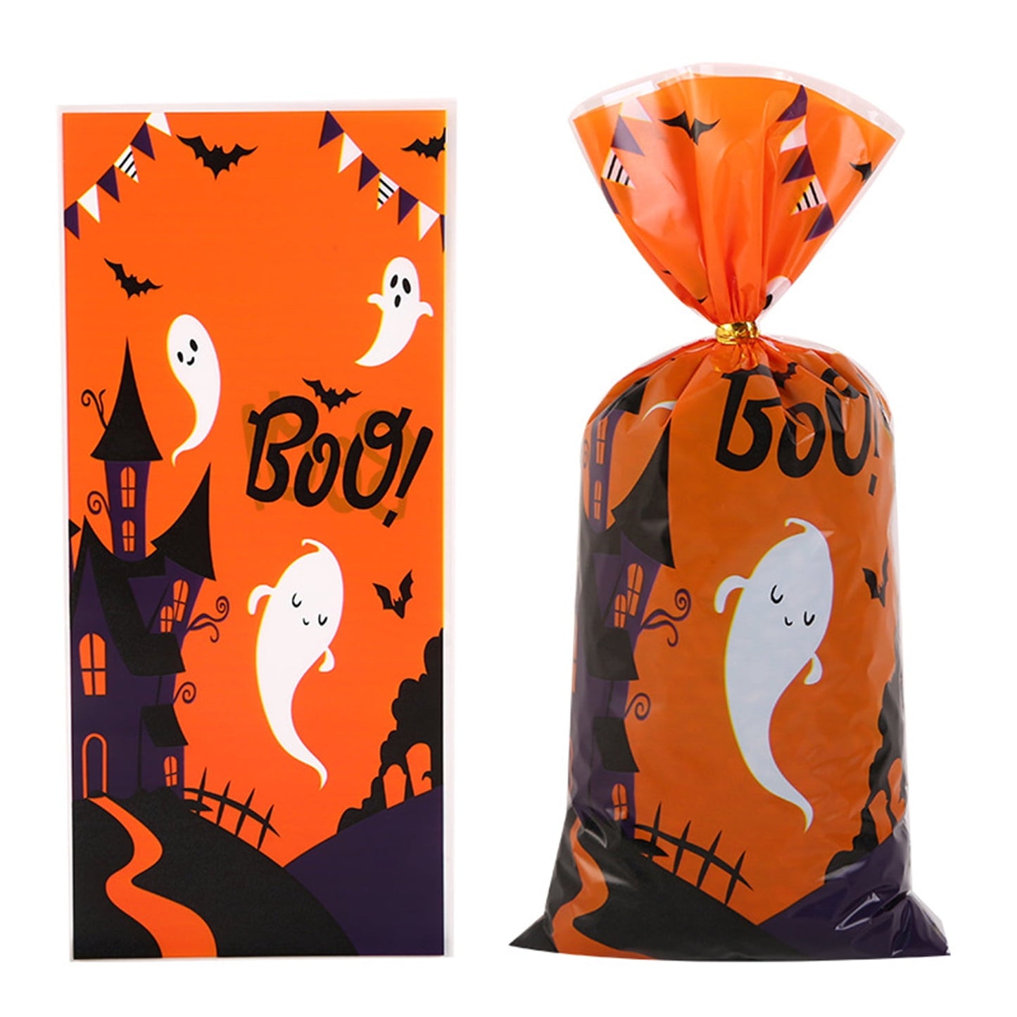 TETOU 50Pcs Hallowe'en Cellophane Treat Bags, 4.92*10.93" Multi Color Candy Bags Bats Pumpkin and Witch Halloween Goody Bags with Twist Ties for Snacks Cookies Packing Halloween Party Favor