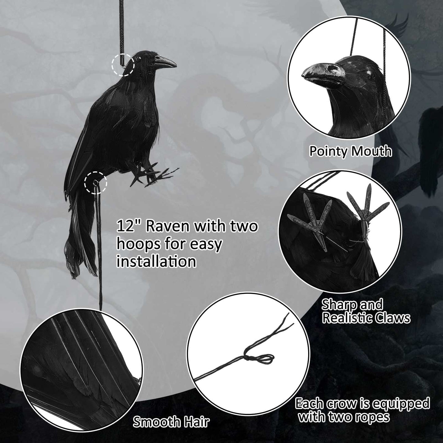 TETOU Halloween Realistic Hanging Dead Crows Decoy Fake Crows for Halloween Garden Tree Porch Terrify Decorations