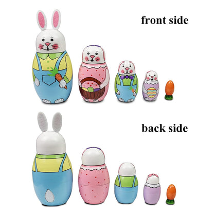 TETOU Easter Bunny Russian Nesting Dolls Toys 5pcs Animal Rabbit Wooden Matryoshka Doll Birthday Gift Decor