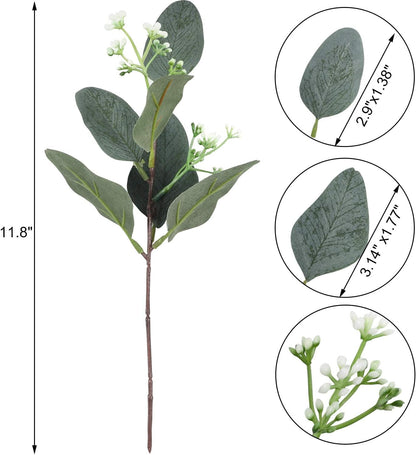 TETOU 24pcs Artificial Eucalyptus Leaves Stems with White Seeds Greenery Plants Flower Arrangement Wedding Home Decor