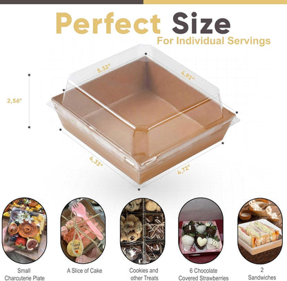 TETOU 50 Pack Small Charcuterie Boxes with Clear Lids,5Inch To Go Paper Mini Charcuterie Cups,Disposable Food Containers Dessert Boxes for Sandwich Cookie Sushi Cake Slice Strawberries (Brown)