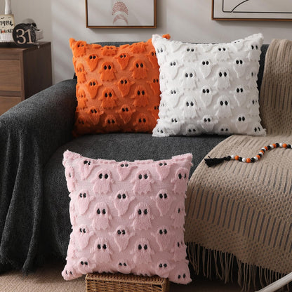 TETOU Halloween Pillow Covers,18"x18"Set of 2 White Ghost Throw Pillow Cases,Soft Faux Fur Wool Couch Cushion for Sofa Bedroom Living Room Home Farmhouse Fall Halloween Decor