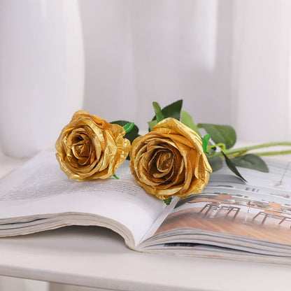 TETOU Gold Rose 10pcs Artificial Rose Flowers Silk Roses Real Touch for Party Bridal Wedding Bouquet Decor