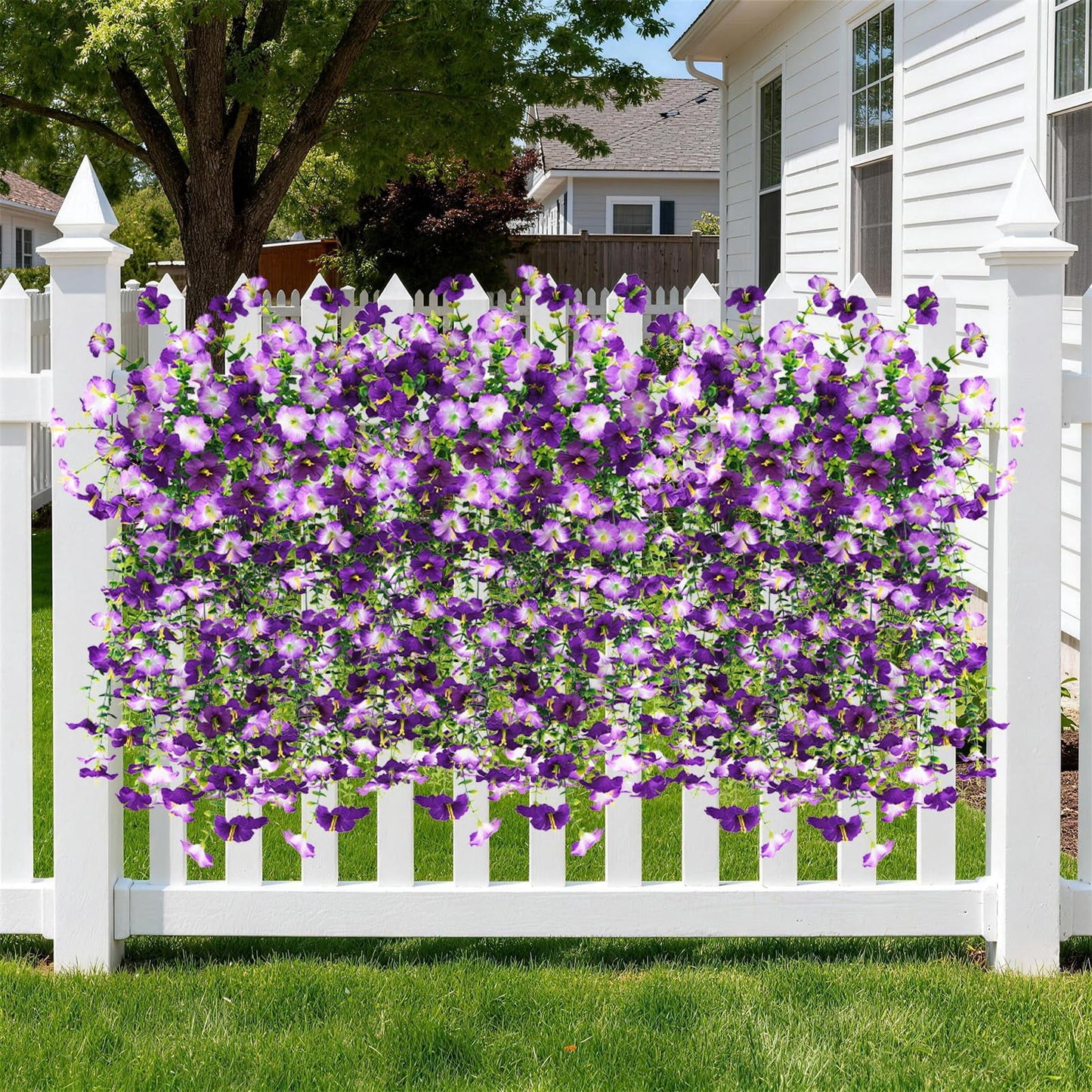 TETOU 2pcs Outdoor Artificial Fake Hanging Flowers, UV Resistant Morning Glory with Eucalyptus Leaves Faux Flowers for Spring Summer Outside Balcony Porch Patio Yard Garden Decoration(Double Purple)