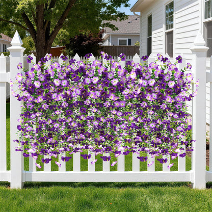 TETOU 2pcs Outdoor Artificial Fake Hanging Flowers, UV Resistant Morning Glory with Eucalyptus Leaves Faux Flowers for Spring Summer Outside Balcony Porch Patio Yard Garden Decoration(Double Purple)