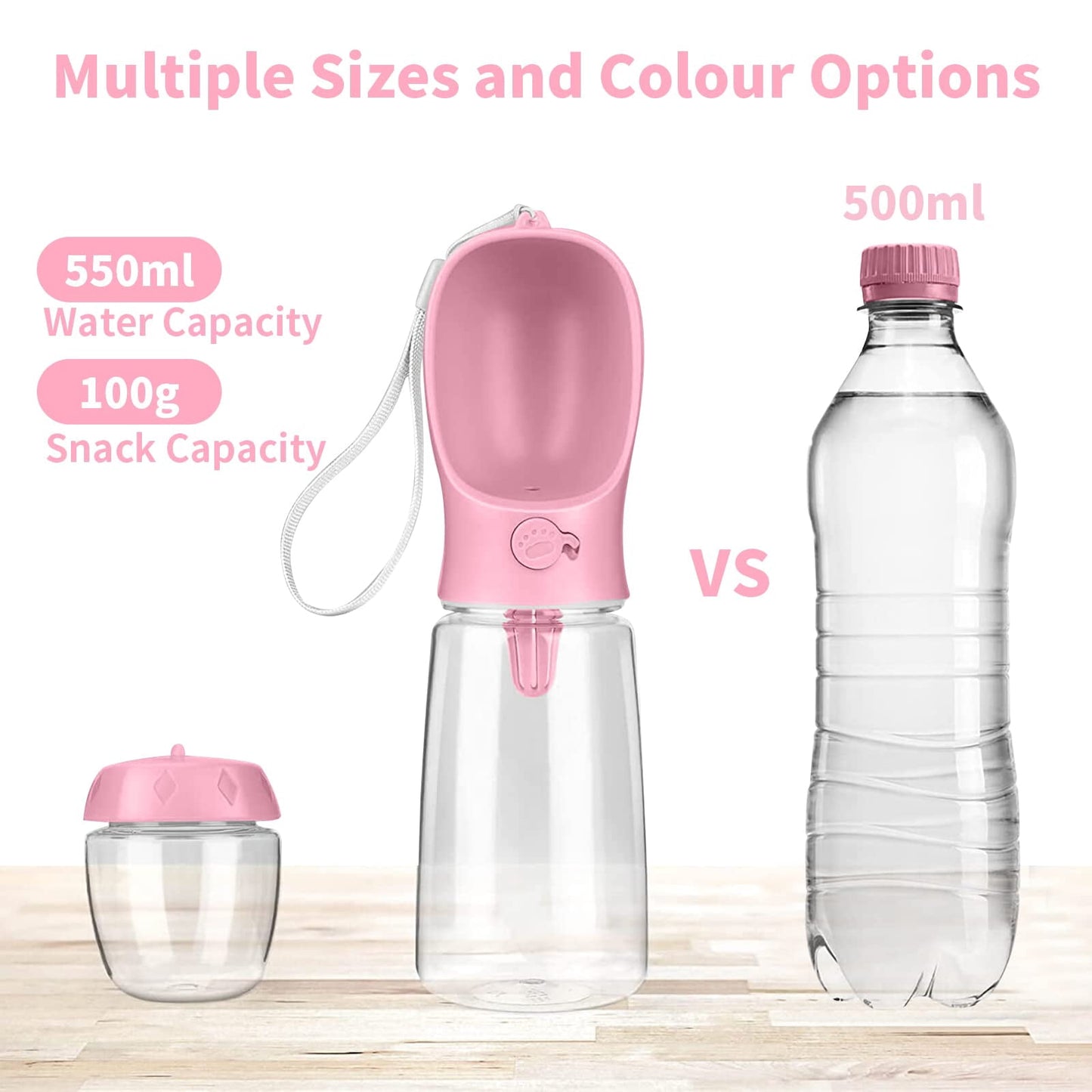 TETOU Dog Water Bottle with Food Container, 19oz Portable Pet Dispenser, Travel Puppy Water Bowl for Dog Cat Pet - Pink