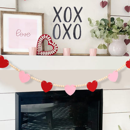 TETOU Valentines Day Decorations Red Pink Felt Heart Wood Beads Valentines Garland 4.5ft Felt Banner Fireplace Mantel Home Decor